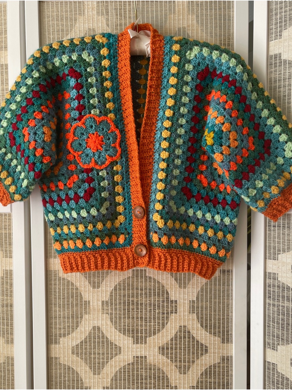 Hand-Crocheted Multicolor Granny Square Cardigan - Orange Trim - Picture 3 of 5